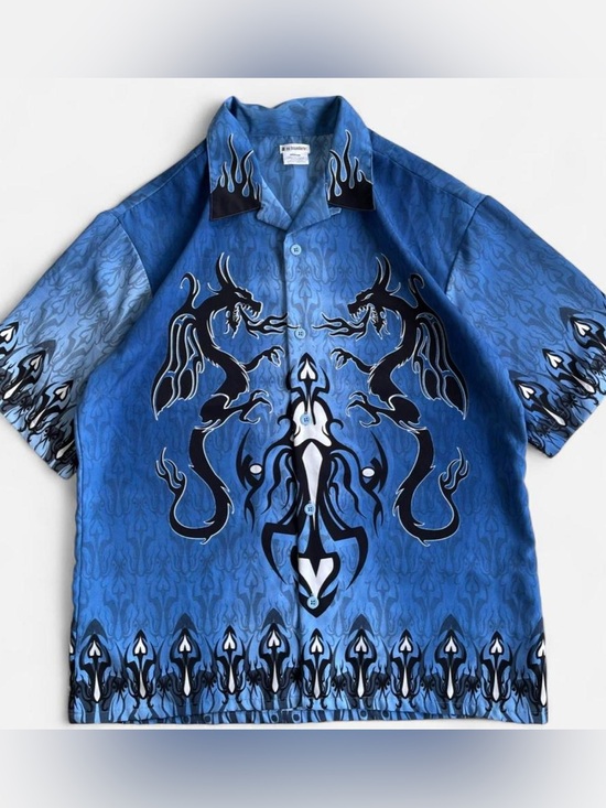 No Boundaries Other - No Boundaries Y2K Blue & Black Dragon Button-up Shirt M